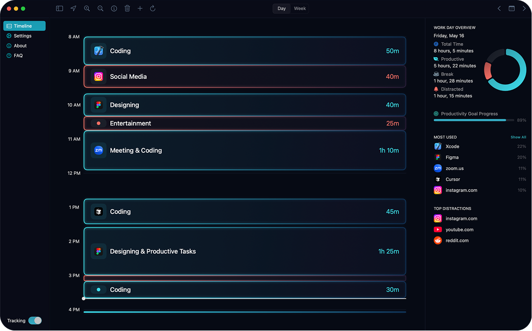 Toki app showing timeline view with tracked activities